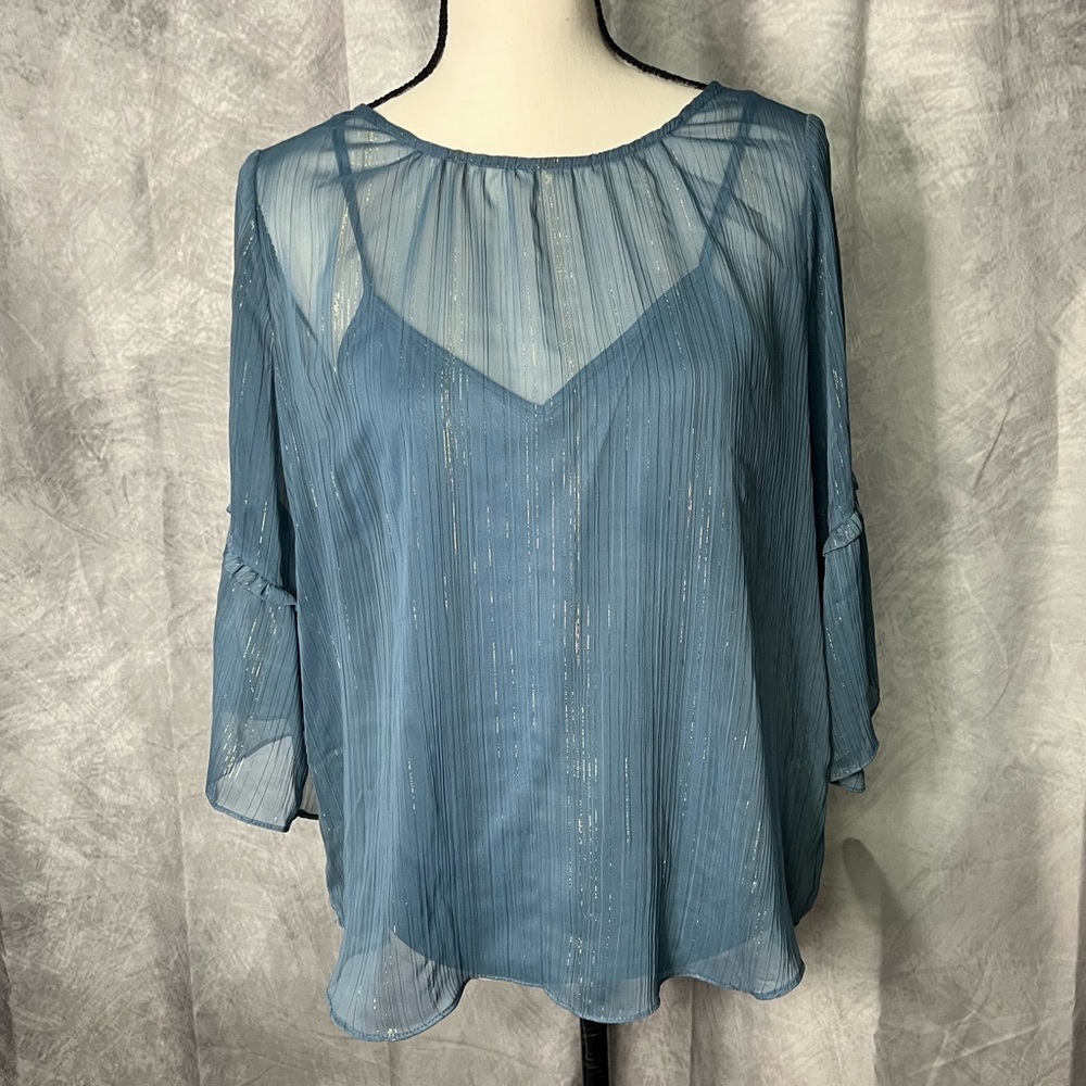 LC Lauren Conrad Sheer Blue 3/4 Sleeve Blouse with Gold Thread Accents & Tank